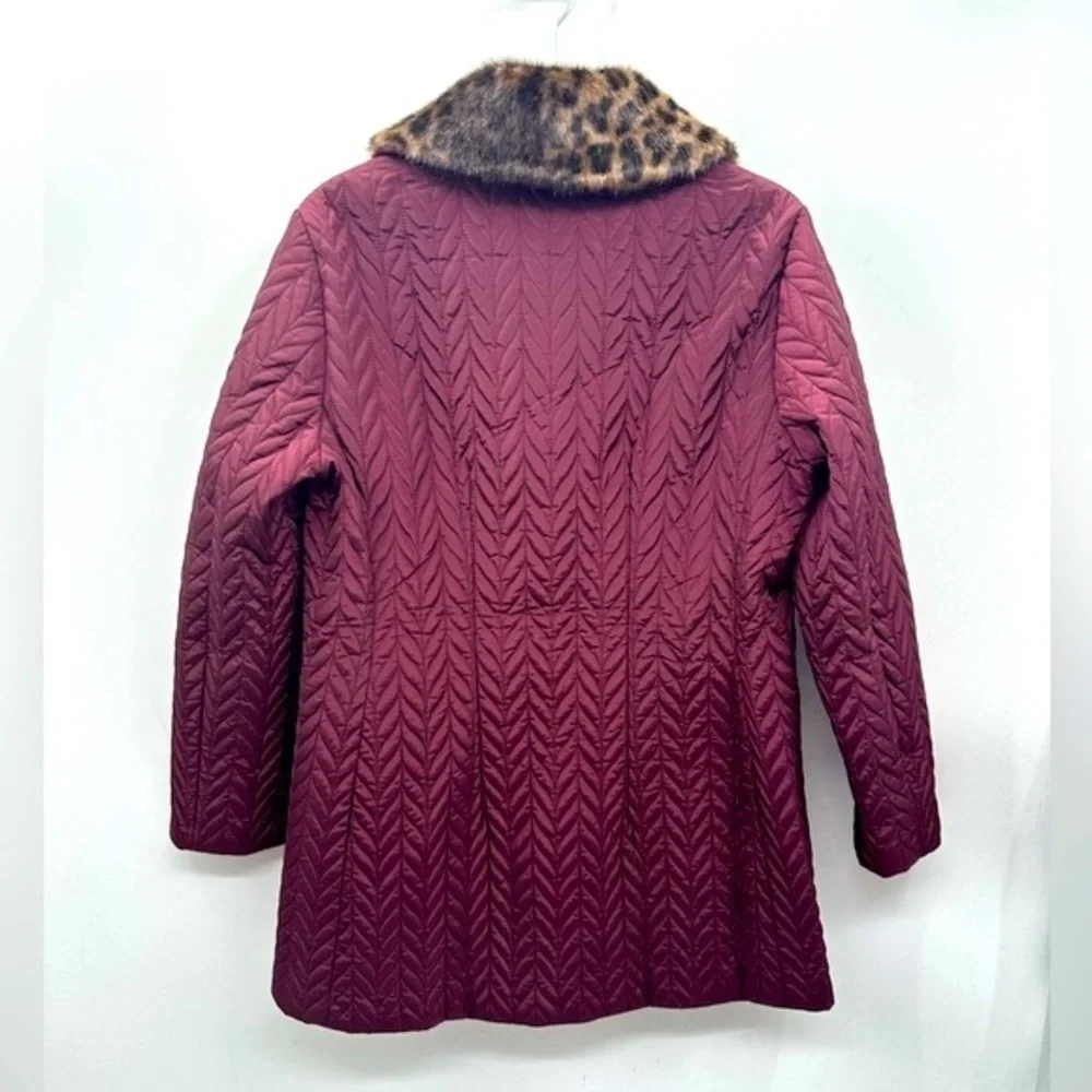 KATE SPADE L CHEVRON Leopard print Faux Fur removable collar QUILTED jacket